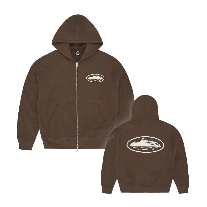 Corteiz Island Puff Print Zip Hoodie Brown