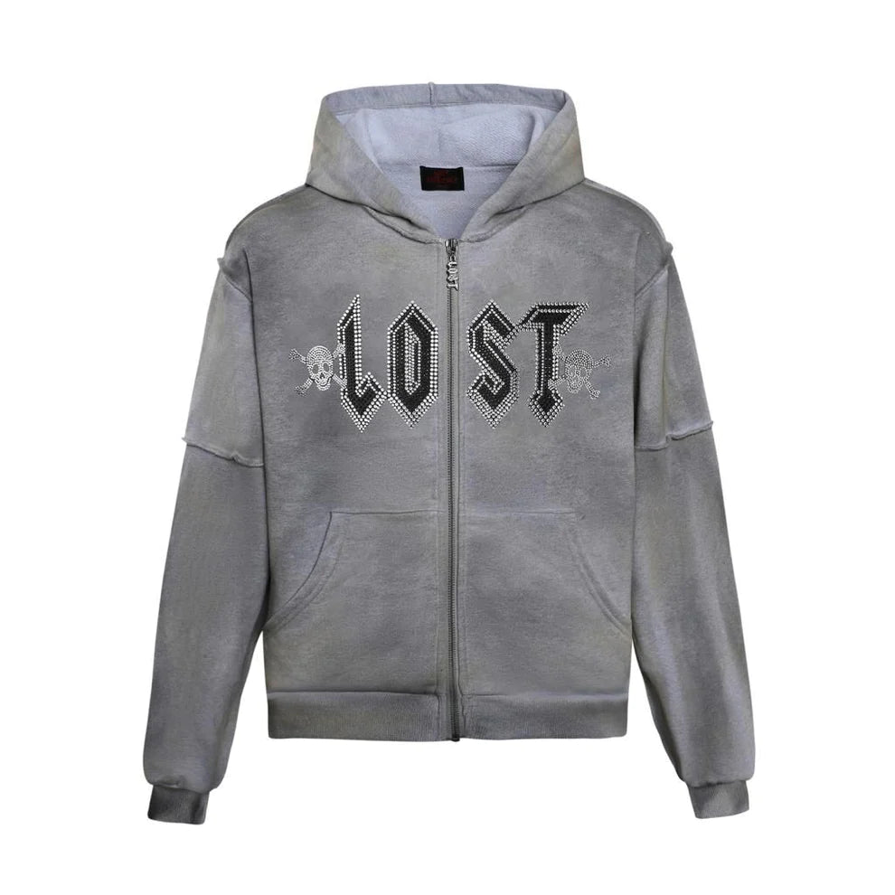 Lost Intricacy Grey Grunge Rhinestone Zip Up
