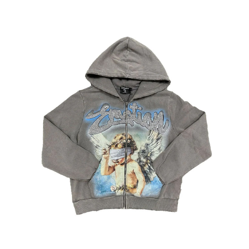 Mixed Emotion Rhinestone Hoodie Grey