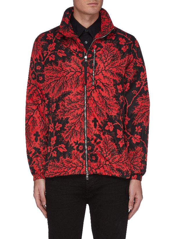 Alexander McQueen Men's Waxed Floral Print Windbreaker in Black/Red