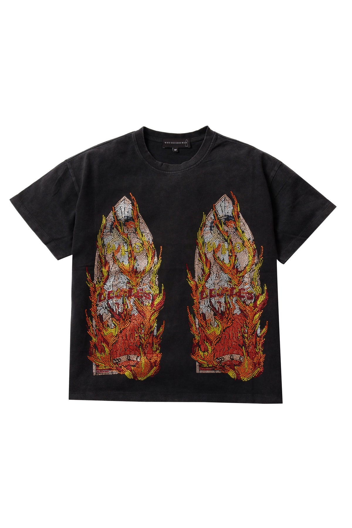 Who Decides War Black Rhinestone Flame Glass T-shirt